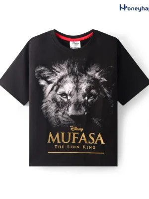 Terry Knit Half Drop Shoulder Sleeves T-Shirt With Mufasa Print & Text Foil Print - Black