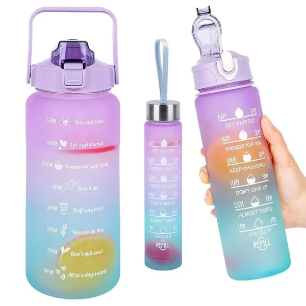 Airovia Motivational Water Bottle Set of 3 Pcs Time Marker with Straw, Unbreakable Leakproof BPA free Non-toxic Sipper Bottle for Office, Sports, Gym, School (Plastic | Set_Of 3 | Multicolor)