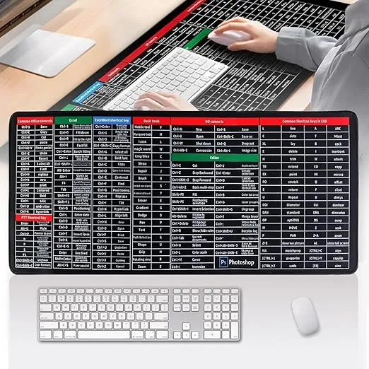 Anti-Slip Keyboard Pad with Office Software Shortcuts Pattern, Clear Extended Large Cheat Sheet Mouse Pad, Large Rubber Base Mice Smooth Cloth Desk Mat, Excel Shortcut Keys Mouse Pad