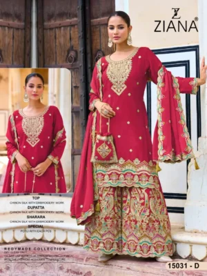 Ziana 15031 Exclusive Chinon Silk Readymade Plazzo Suits Red